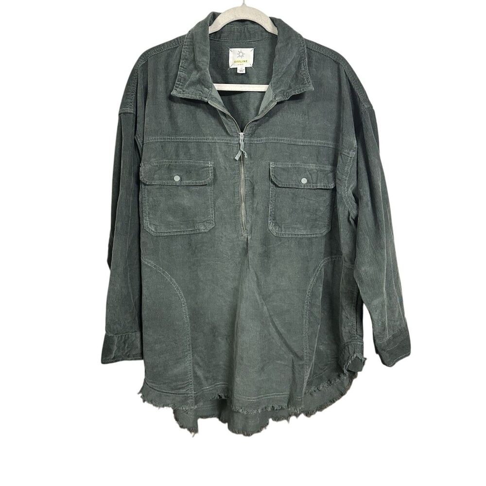 Offline By Aerie Womens Sz L Green Corduroy Oversized Shacket Pullover Raw Edge